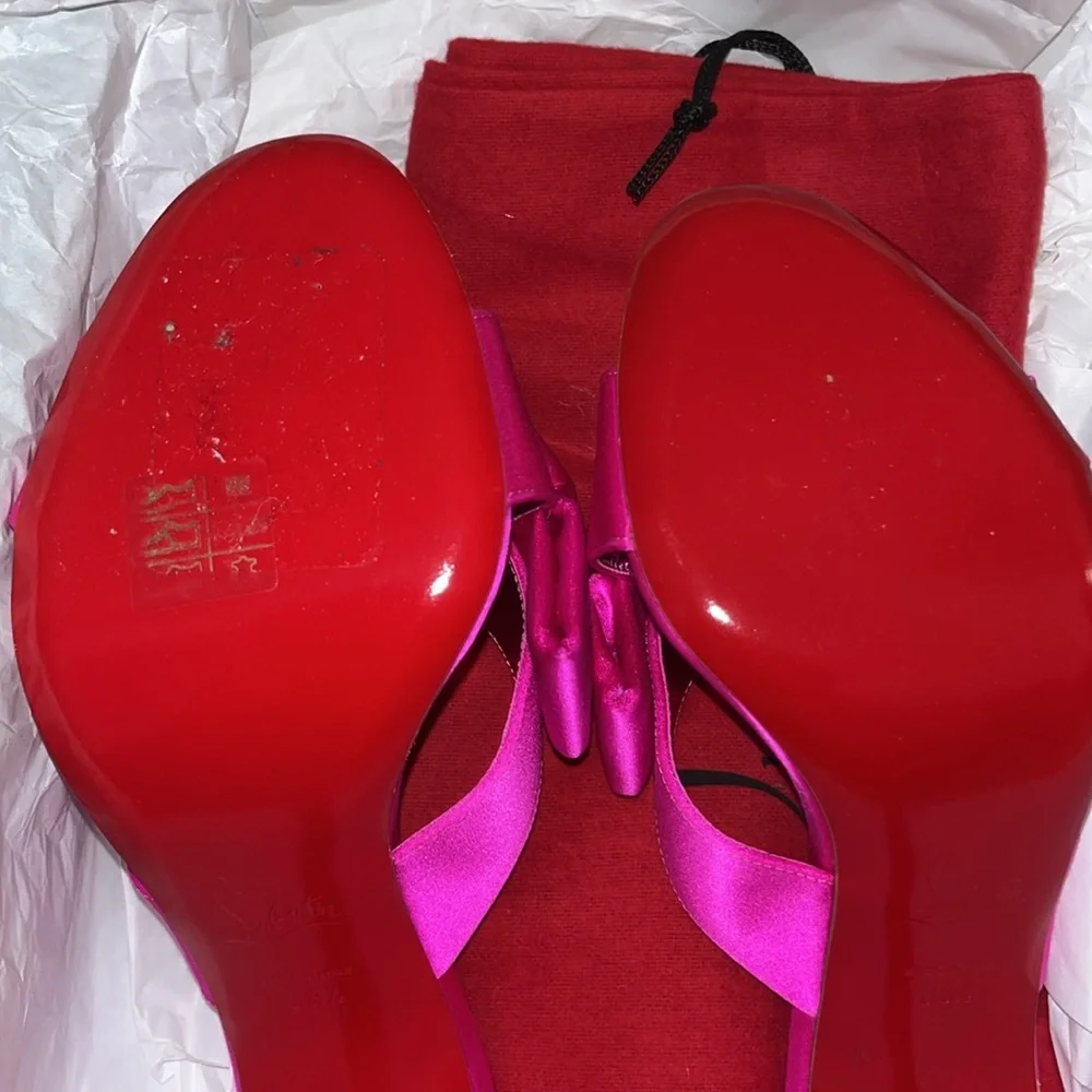 Christian Louboutin Matricia 100 Holly Pink Satin Backless Sandal Heel Pump 38.5